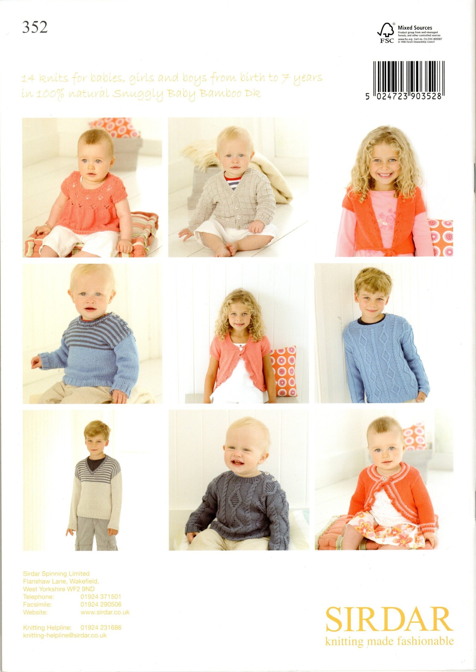 Back cover of Sirdar 352 showing Baby Bamboo DK designs for babies and children