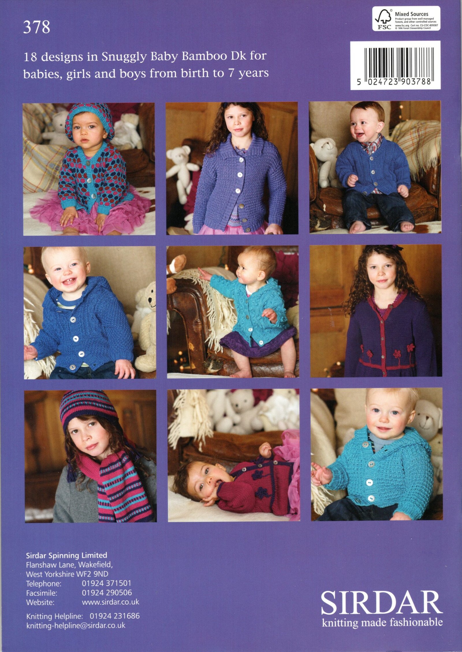 Back cover of Sirdar 378 showing Baby Bamboo DK designs for babies and children
